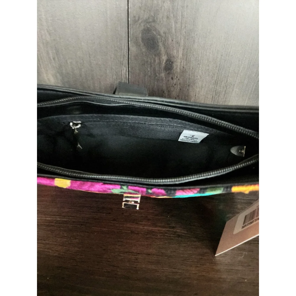 Floral Embroided Embossed Tooled Artisan LEATHER Handbag Bag Purse - Black